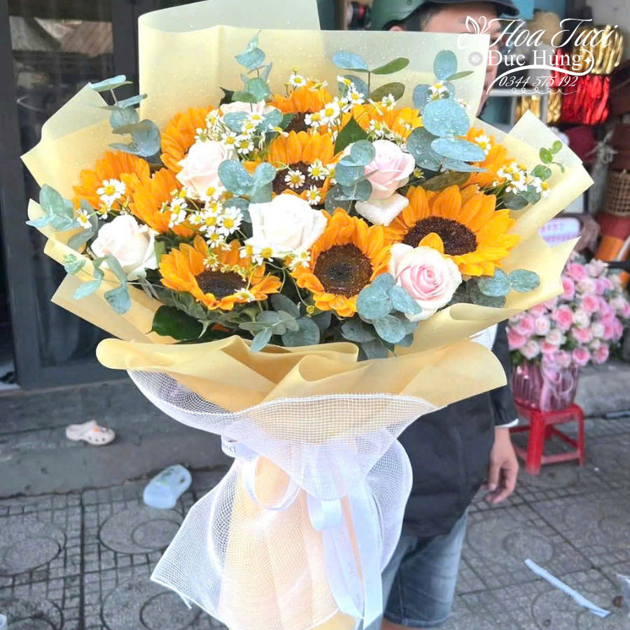 Bó Hướng Dương Mix Kem Hồng